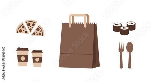 Quick bite delivery icons including pizza slices, coffee cups, sushi rolls, and cutlery for fast food service