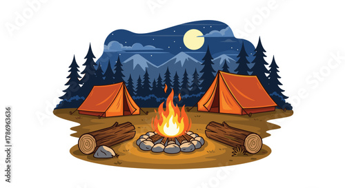 Cozy night camping scene with crackling campfire, orange tents, and majestic mountains under a full moon