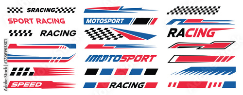 Vector race car stickers set, sport stripes, arrow accents, and dynamic lines for automotive customization
