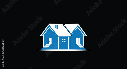 Two modern blue houses side by side symbolizing community and shared living in a clean, professional style