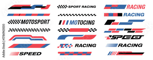 High-speed car graphics with racing stripes, checkered patterns, and dynamic vector decals for vehicle tuning