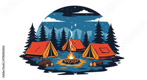 Cozy campsite glows with campfire warmth and starry night sky over vibrant tents nestled amongst pine trees