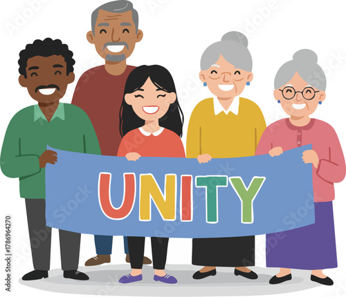 A diverse group of people holding a blue banner with the word 'UNITY' in a colorful, 2D flat illustration style.