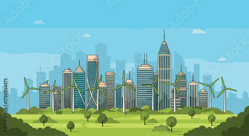 Vibrant green city skyline powered by modern wind turbines, showcasing sustainable urban energy solutions