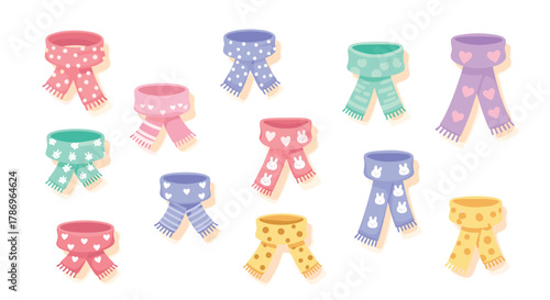 Delightful collection of colorful winter scarves featuring playful patterns and charming motifs perfect for cozy fashion