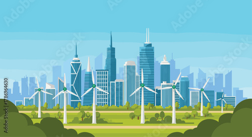 Modern cityscape blends with clean energy wind turbines creating a sustainable urban future and eco friendly environment