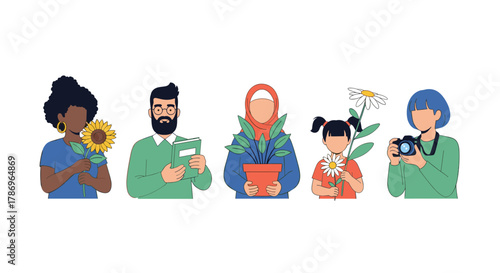 Diverse individuals embracing hobbies and passions like gardening, photography, reading, and appreciating nature's beauty