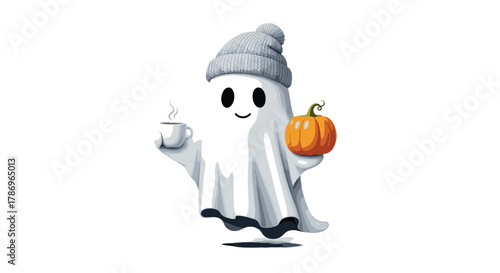 Adorable ghost wearing a beanie enjoys a warm drink and pumpkin, perfect for cozy autumn and Halloween themes