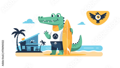 Friendly alligator with surfboard waves hello on sunny beach near modern house, embodying fun summer lifestyle and adventure