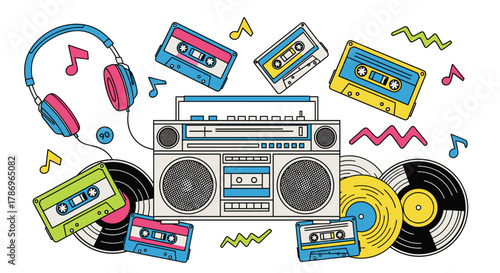 Vibrant 90s boombox, headphones, and cassettes capture nostalgic retro music vibes for creative projects