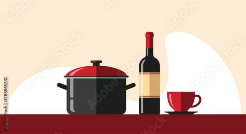 Stylish modern kitchen scene with cooking pot, wine bottle, and coffee cup, perfect for culinary promotions and lifestyle content