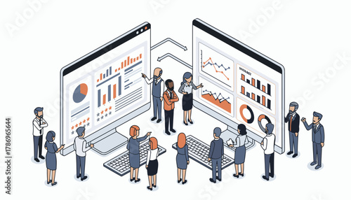 Diverse team collaborating on financial data analysis and business strategy presenting insights on large screens