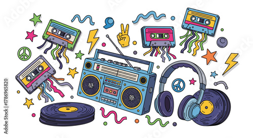 Vibrant retro boombox, vinyl records, and cassette tapes burst with colorful nostalgic energy for a fun 80s party vibe
