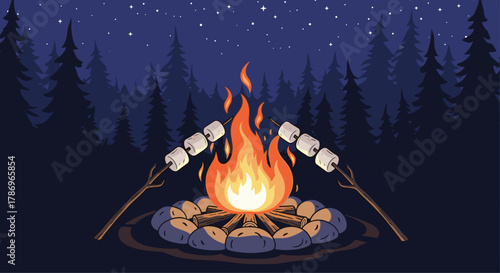 Cozy campfire with marshmallows toasting under a starry night sky amidst a serene forest silhouette