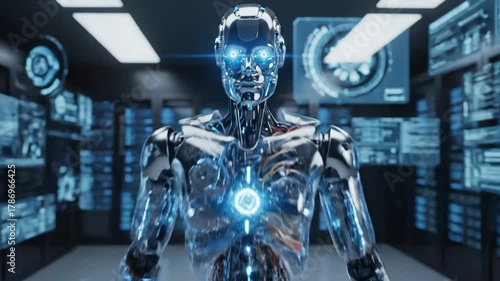Futuristic Robot in Data Center - A futuristic robot stands in a server room, with glowing blue eyes and chest.