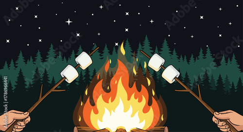 Cozy campfire scene with hands roasting marshmallows under a starry night sky and pine forest backdrop