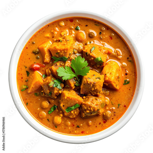 Sambar, a spicy and tangy south indian lentil stew with vegetables, isolated on white background served in a traditional bowl, it's a staple accompaniment for dosa and idli