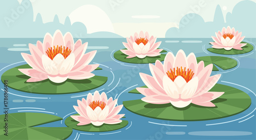 Serene pink water lilies bloom gracefully on calm blue water creating a peaceful natural landscape perfect for relaxation