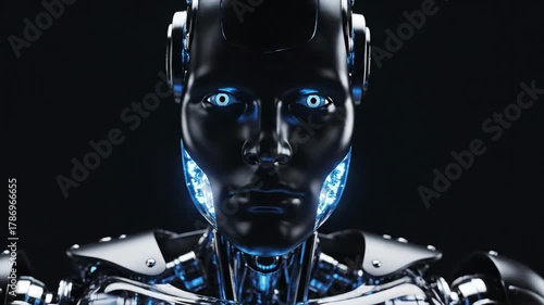 Futuristic Robot Portrait - A close-up shot of a highly detailed, futuristic robot with glowing blue eyes and energy accents.