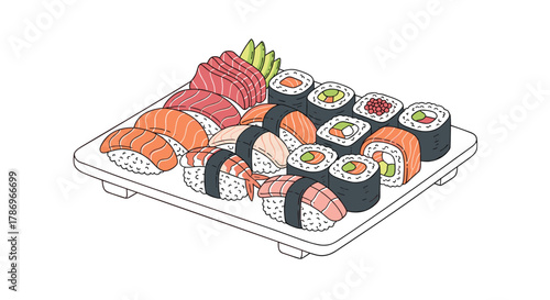 Vibrant assortment of delicious sushi and sashimi presented on a wooden platter, perfect for culinary promotions and Japanese cuisine themes