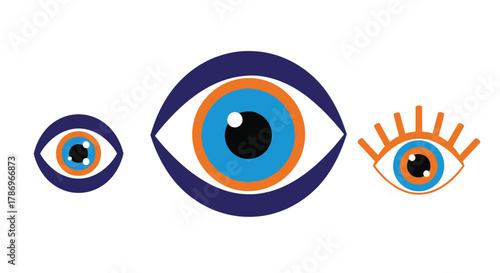 Vibrant blue and orange evil eye symbols offering protection and good fortune in a modern graphic design