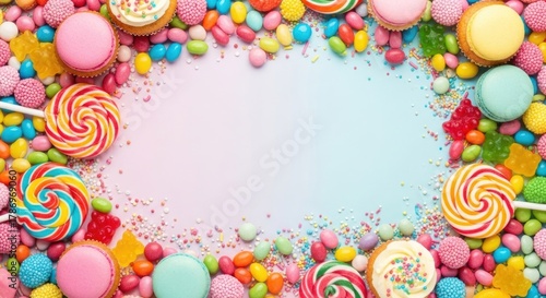 A colorful array of sweets and candies on a pastel background.