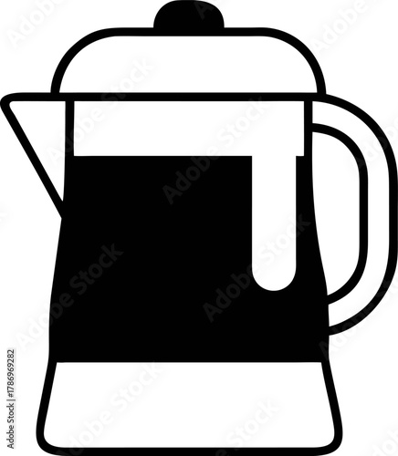 Stylized coffee pot silhouette vector illustration. Simple black and white French press glyph icon for cafe and kitchen designs