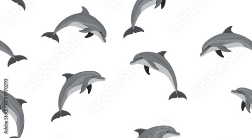 Seamless pattern of playful gray dolphins leaping and swimming on a white background.