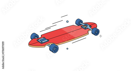 Red longboard skateboard with blue wheels moves quickly with motion lines.