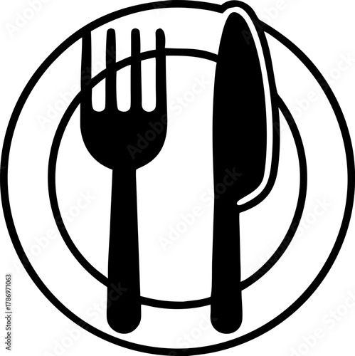 Illustration of Plate with Fork and Knife Simple Dining Line Art Graphic for Culinary Designs and Restaurant Menu