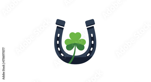 A dark blue horseshoe frames a vibrant green shamrock with a white background.