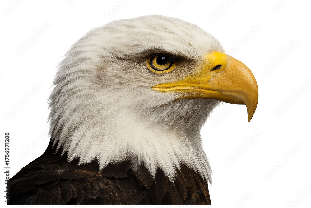 Fototapeta premium Bald eagle head close-up showing detail of its eye and beak, symbolizing freedom and strength, transparent background