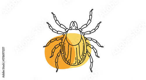 A detailed line art illustration of a tick, an arachnid parasite often found in nature, depicted with its characteristic eight legs and oval body.