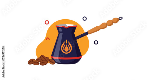 Traditional Turkish coffee pot, known as a cezve, with a stylized flame logo, surrounded by roasted coffee beans.