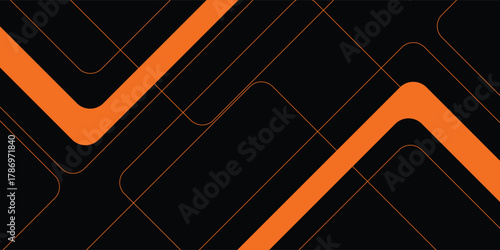 Black abstract wide horizontal banner with orange and gray lines, arrows and angles. Dark modern sporty bright futuristic abstract background. Wide vector