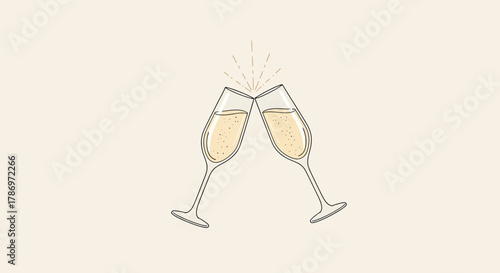 Two elegant champagne flutes clinking together in a celebratory toast, with sparkling effervescence on a light background.