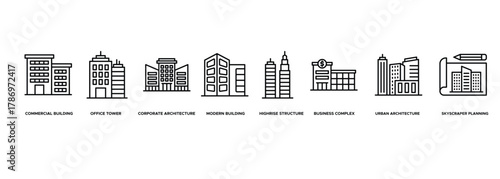 Banner Commercial Building Design icon. Commercial Building, Office Tower,  Corporate Architecture, Modern Building, Highrise Structure, Business Complex, Urban Architecture, Skyscraper Planning 