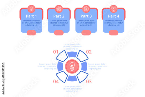 Infographic with four sections labeled one to four, illustrating various concepts with icons. Design focusing on visual clarity and organized information to enhance understanding