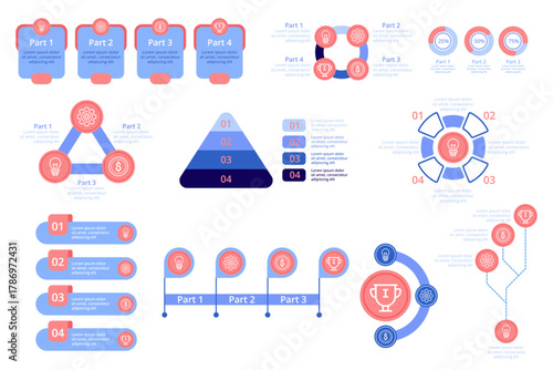 Infographic set presenting various data visualizations, including charts and diagrams, effectively breaking down information into simple, engaging graphics for better understanding