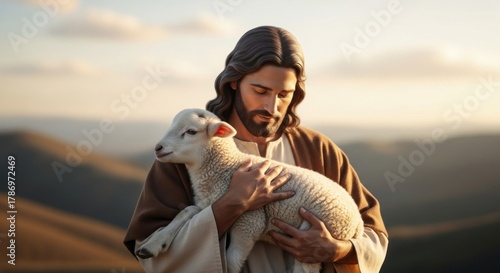 A statue of Jesus Christ holding a lamb in a serene landscape.