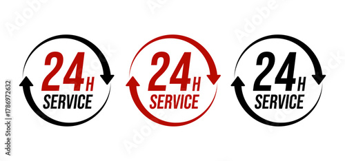 24 Hours Service Icon Set – Red and Black 24h Service Logo with Circular Arrow for Support, Delivery, and Business Availability