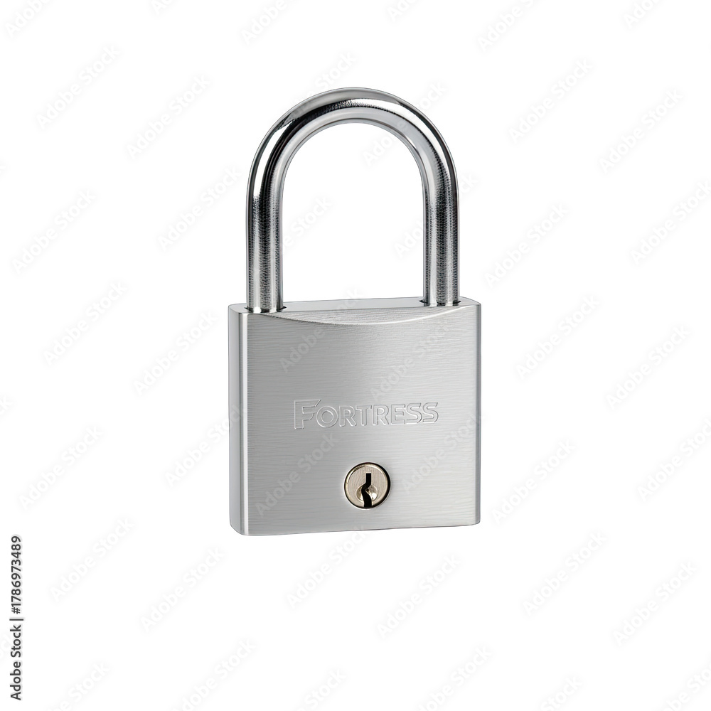 Naklejka premium Silver Padlock Isolated On A Black Background With Studio Lighting And A Matte Finish Showing A Keyhole