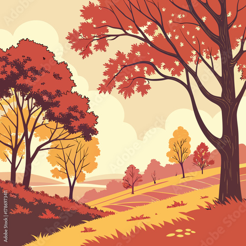 A vibrant autumn landscape unfolds, showcasing trees ablaze with red, orange, and yellow foliage, painting a picturesque scene of seasonal beauty and tranquility
