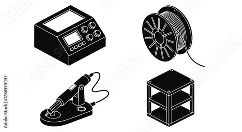 Isometric view of d printing equipment and supplies illustration