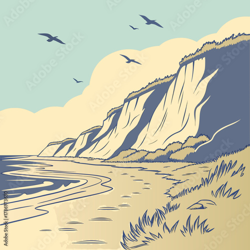 Breathtaking coastal scene illustration showcasing towering cliffs, a pristine beach, and elegant birds in flight, capturing the essence of coastal charm and natural splendor