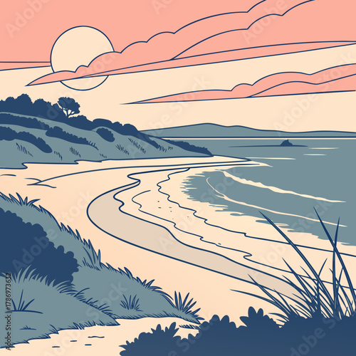 A captivating coastal scene illustration featuring a sandy beach, gentle waves, and lush vegetation under a soft, pastel sky, creating a peaceful atmosphere
