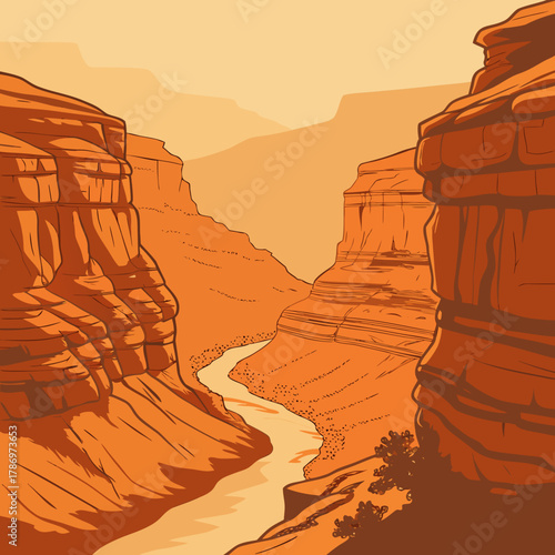 Grand canyon national park landscape with river flowing through canyon, orange rocks, and mountains in the background, vector illustration, travel poster