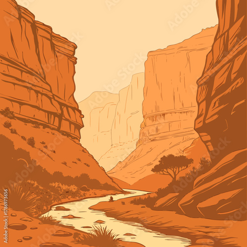 A stunning canyon landscape illustration with towering cliffs, a winding river, and sparse vegetation under a warm, earthy sky, capturing the grandeur of nature