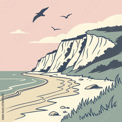 A serene vector illustration showcases a picturesque coastal scene with majestic cliffs, gentle waves, and graceful seagulls soaring above the sandy beach