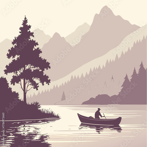 Man canoeing on a lake with mountains and trees in the background, peaceful nature scene, vector illustration, calm water and beautiful landscape